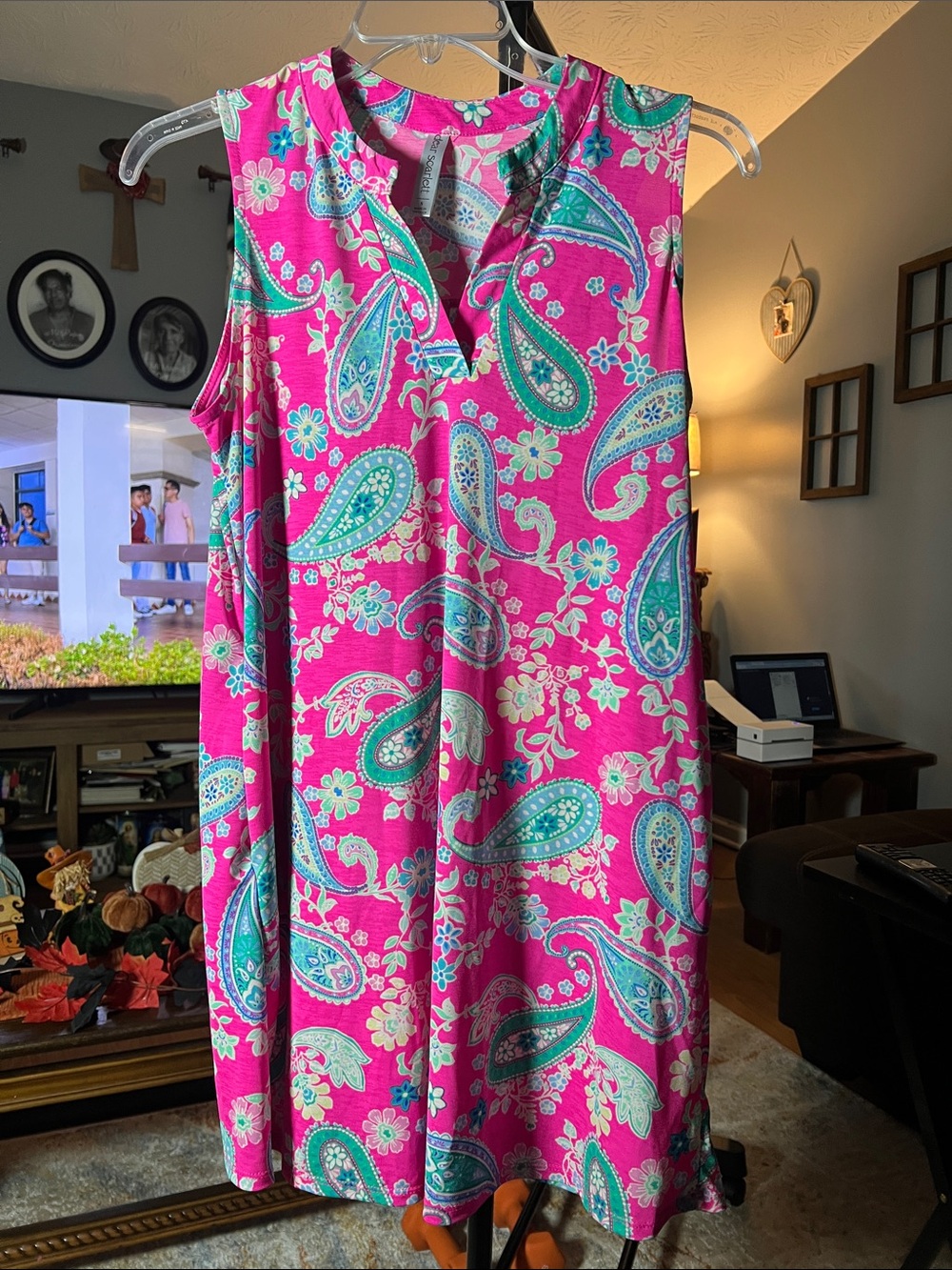 Sleeveless Paisley Tunic Dress in Bright Pink with Teal Accents